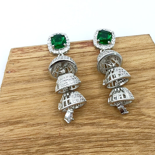 AD Earrings Tri Jhumki Green Stone